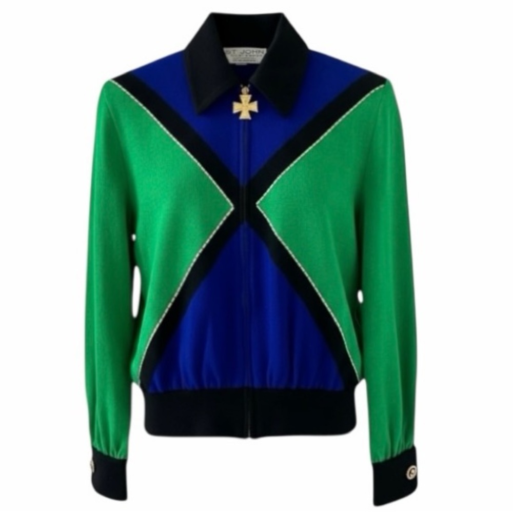 St. John Front Zip Embellished Maltese Cross Long Sleeve Knit Jacket Size 2